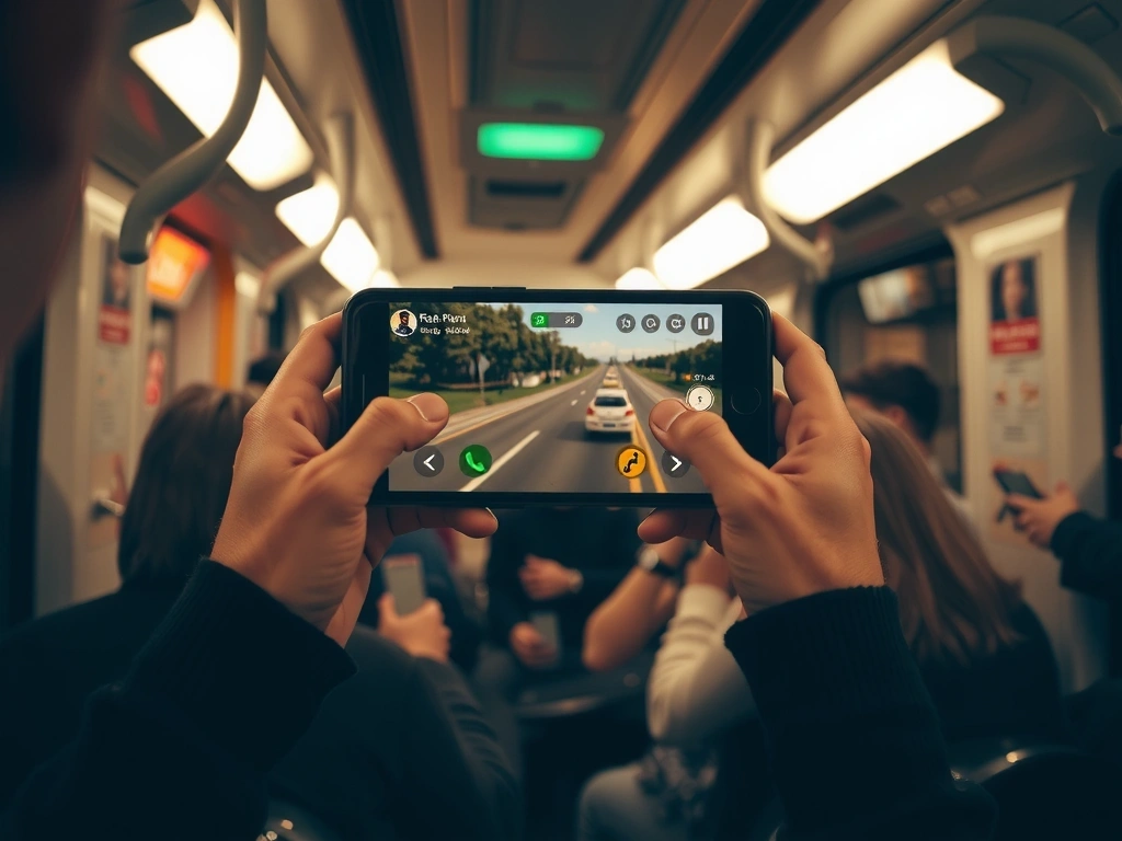 Player on a train with mobile game